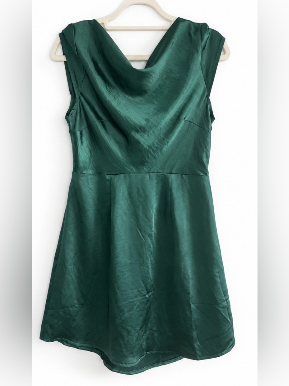 Emerald Green Satin Cowl Neck Mini Dress